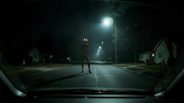 Tall, slender humanoid creature with glowing eyes stands menacingly in the middle of a suburban street at night, seen from a car's dashboard view, evoking horror, supernatural encounter