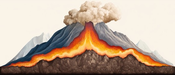Obraz premium volcano pyroclastic concept. Erupting volcano with flowing lava and smoke billowing from the summit.