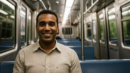 Smiling south asian man in a casual shirt sits in a nearly empty subway car, his friendly expression conveying positivity during a daily commute or city travel experience for urban lifestyle