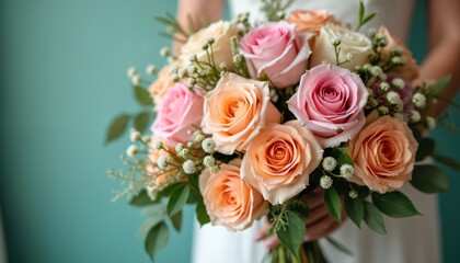 Fototapeta premium Bridal bouquet of pink and orange roses on green background. Fresh flowers for wedding decoration. Bunch of blossoming roses perfect for bride. Romance, love, beauty and Valentine themes.