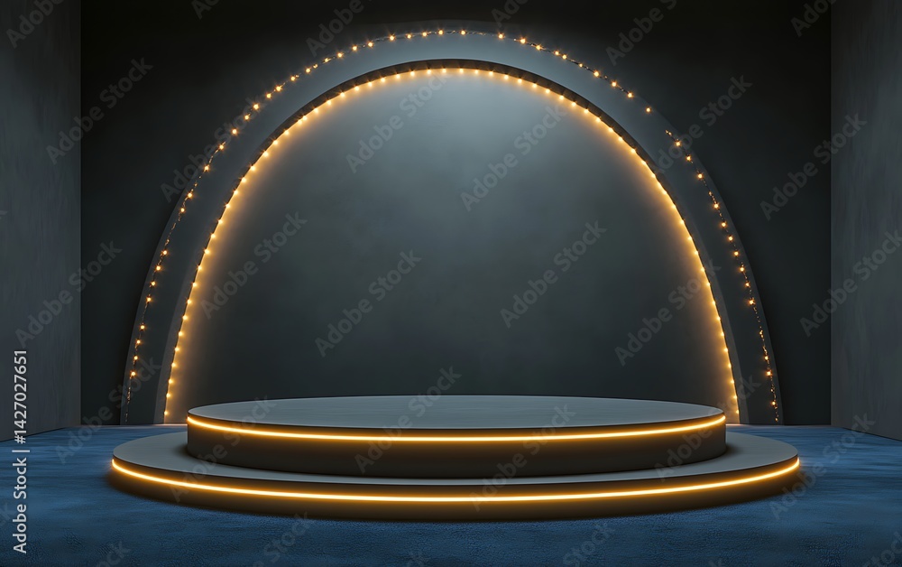 Aufkleber illuminated stage: a modern stage is illuminated by warm light, creating a captivating space ready f