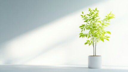 Simple, bright interior with a potted plant. Soft sunlight streams across a plain white wall.  A small, light-green plant sits in a simple white pot