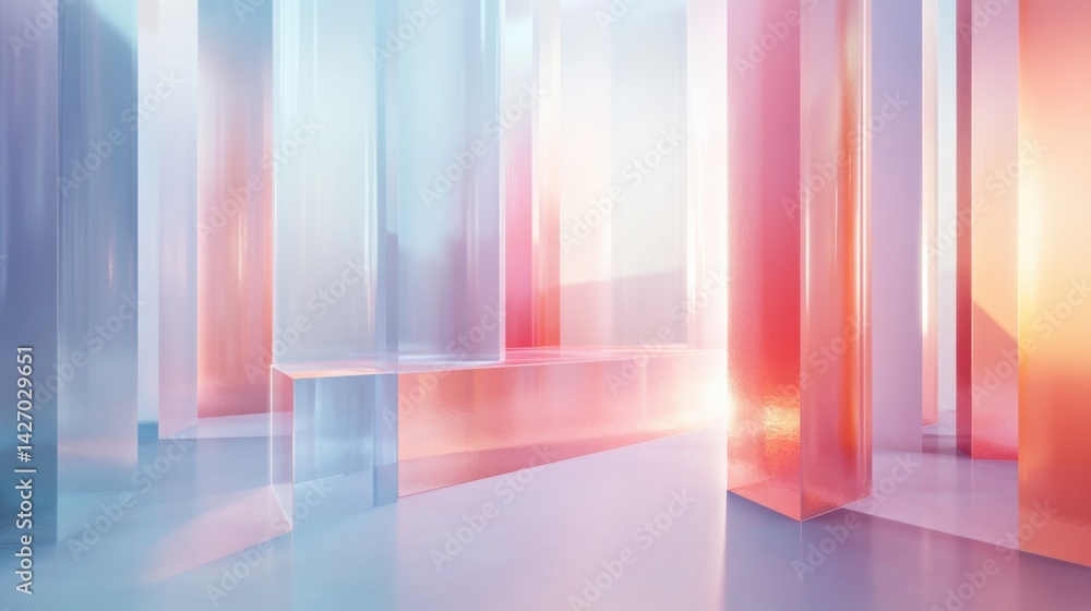 Poster a visually soothing scene of abstract 3d shapes in translucent pastel tones, gently layered to creat
