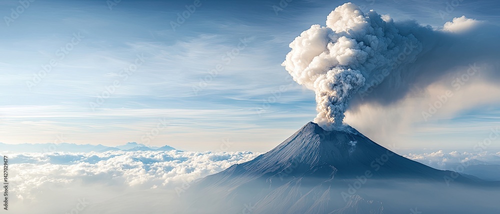 Poster volcano pyroclastic concept. volcano erupting with ash clouds soaring above a landscape of clouds.