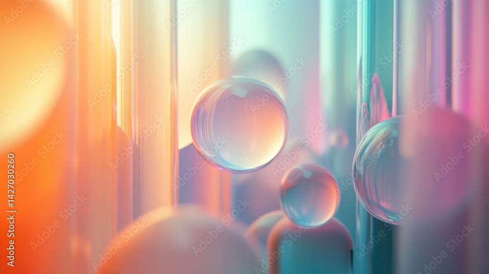 Poster a visually soothing scene of abstract 3d shapes in translucent pastel tones, gently layered to creat