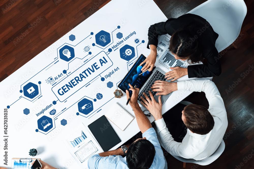 Poster a diverse team engages in a collaborative meeting, exploring the concepts of generative ai and digit
