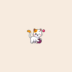 Cute Cat Playing Yarn Ball Cartoon icon flat vector design.
