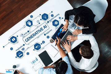 A diverse team engages in a collaborative meeting, exploring the concepts of generative AI and digital art in a contemporary workspace setting. Amity