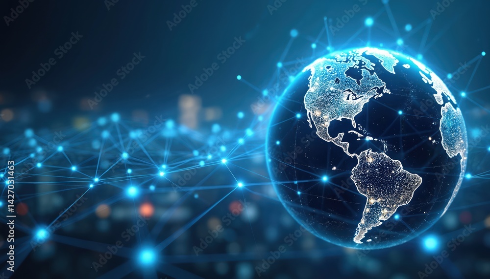 Poster digital world globe, network connectivity concept on earth. high-speed data transfer, cyber technolo