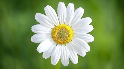 Fototapeta premium Close Up Of White Daisy With Yellow Center Against Green Background