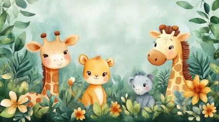 Fototapeta premium Cute cartoon safari animals in lush greenery with giraffes, lion, and koala