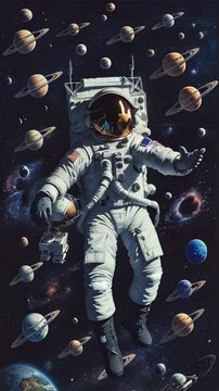 Astronaut floating in space with planets, psychedelic changing frames, flipbook  