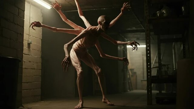 Terrifying multi-armed humanoid creature with pale skin moves stealthily in a dimly lit, gritty industrial corridor, evoking themes of horror, genetic mutation, or otherworldly monsters