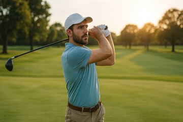 Golfer swinging at sunset