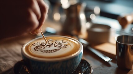 A barista’s steady hand perfects a creature design with delicate toothpick details