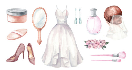 Set of watercolor illustrations with bride accessories and pink flowers isolated on white background. Collection of wedding drawings with dress, shoes and makeup cosmetics