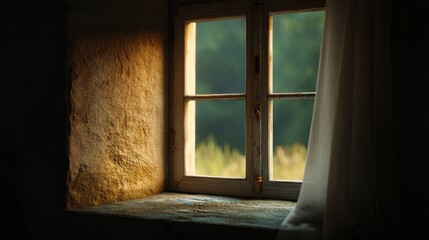 An old window with soft light filtering through a delicate curtain, evoking a quiet tension beneath the concept of defenestration.