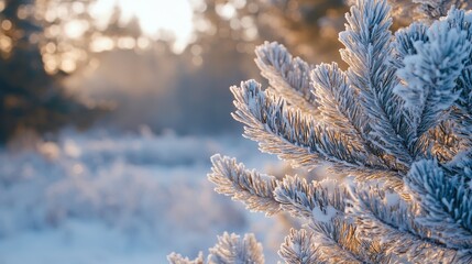 Frost-covered pine branches in serene winter sunrise landscape