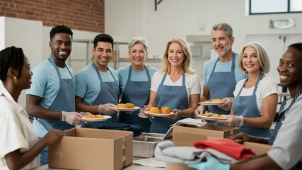 Diverse group of smiling volunteers in aprons holding plates of food at a charity center, preparing meals and sorting donations, embodying community support and humanitarian aid efforts - Powered by Adobe