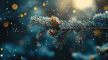 Frosty pine branch with snowflakes and warm bokeh lights