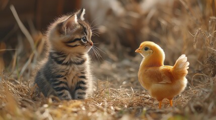 Obraz premium Kitten and chick encounter in sunlit field