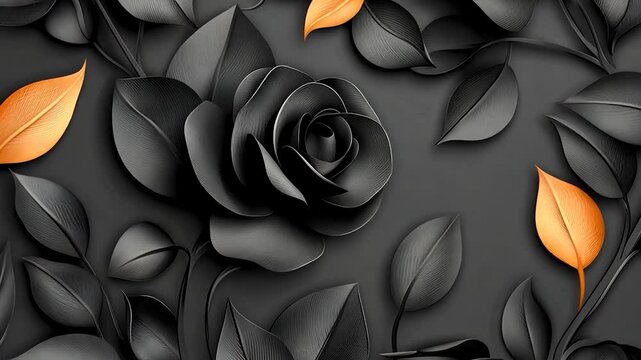 Elegant black rose with orange leaves on a textured dark background, perfect for decoration