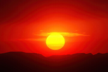 Fototapeta premium Dramatic Sunset Scene: Fiery Red and Yellow Gradient Sky with Radiant Sun and Bold Shadows