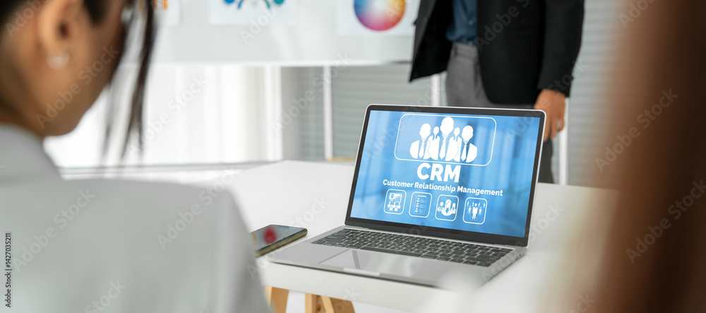 Poster customer relationship management system on modish computer for crm business and enterprise