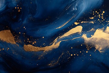 Splash Of Gold And Deep Blue Ink In Water Creating Abstract Patterns
