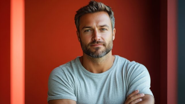 Confident young caucasian male in casual gray t-shirt against bold red background