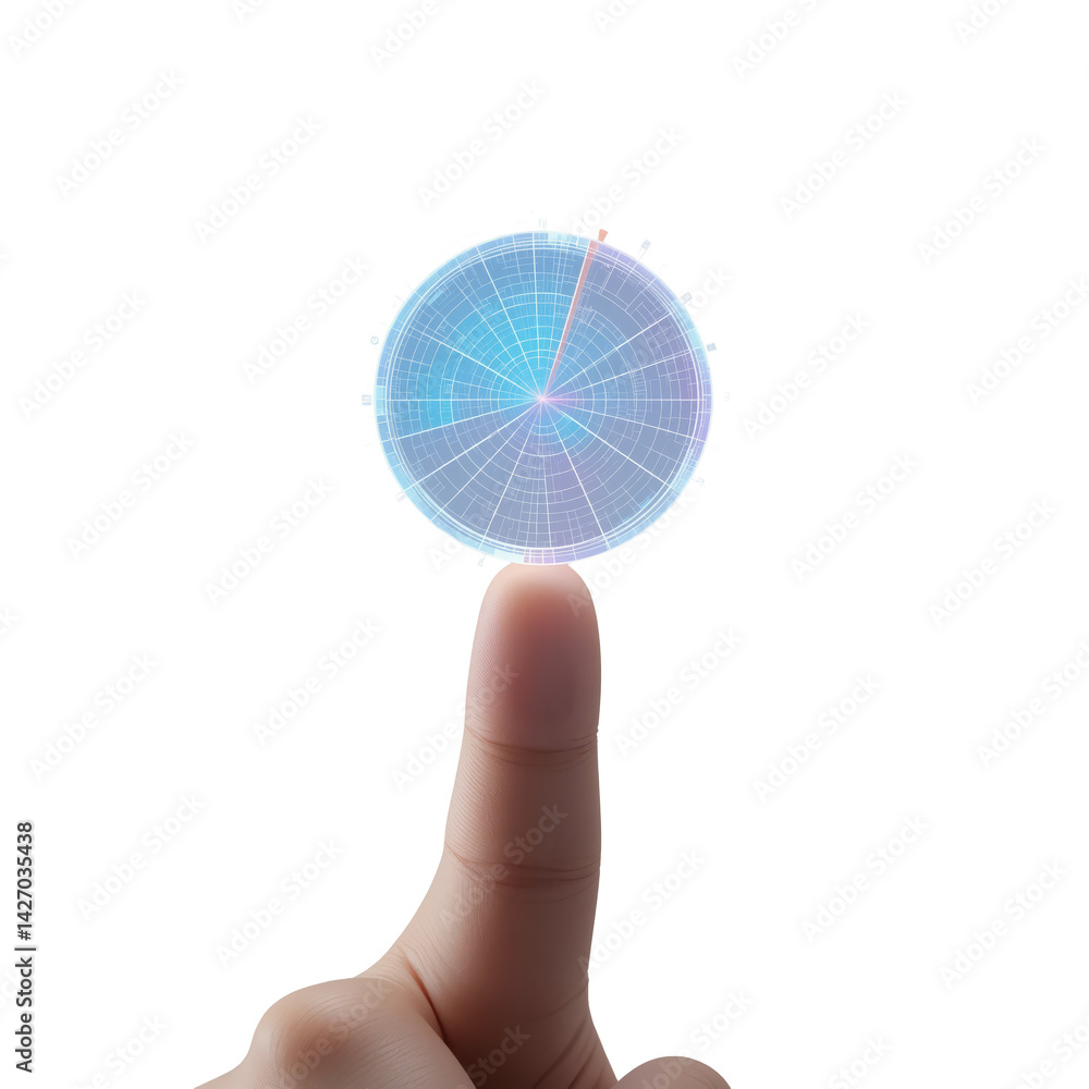 Poster finger touching glowing virtual sphere with futuristic technology interface on transparent backgroun
