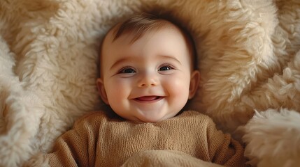 Smiling caucasian baby wrapped in soft blanket