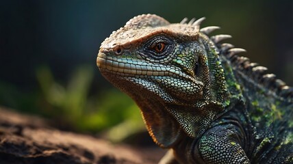 Fototapeta premium Close up portrait of a detailed tuatara reptile with amber eyes