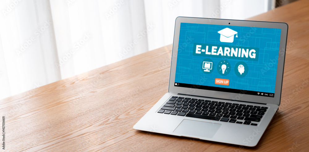 Poster e-learning website with modish sofware for student to study online on the internet network