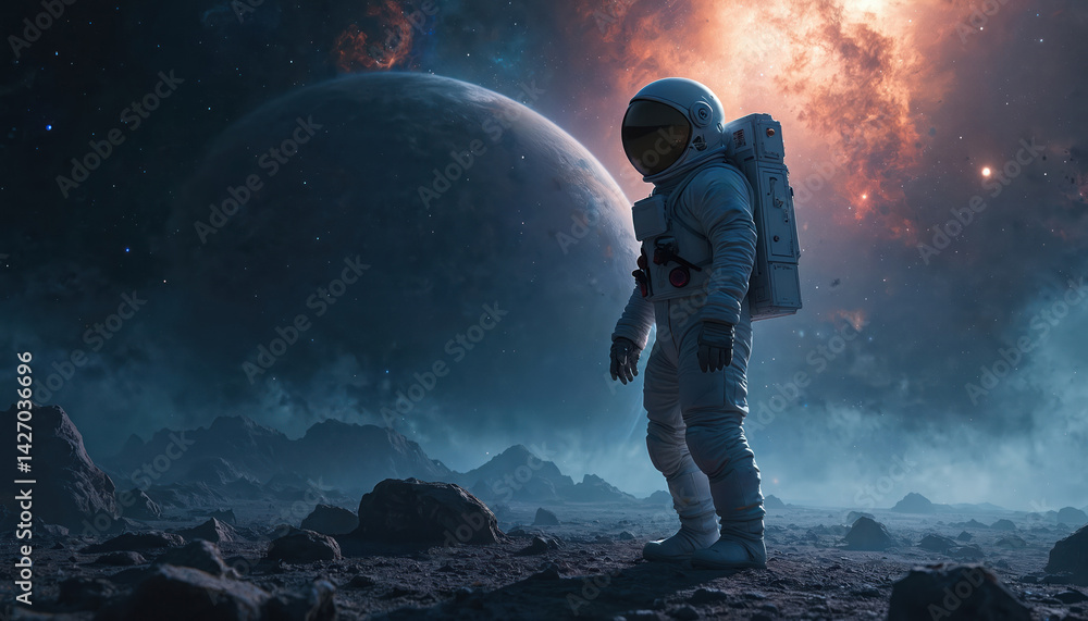 Poster Astronaut stands on alien planet with large planet and nebula in background. Space exploration adventure, futuristic fantasy art, stellar landscape scenery. Scientific discovery, celestial bodies.