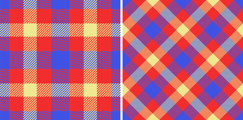 Vibrant, repeating plaid patterns in bright red, blue, and yellow. Ideal for textiles, backgrounds, or festive design projects. Versatile and eyecatching.