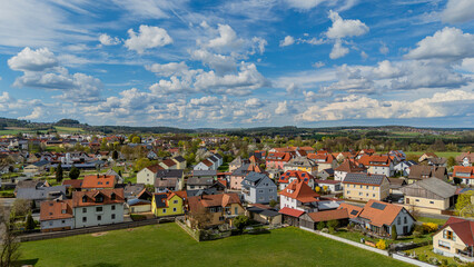 Panoramic view of a town in a rural landscape