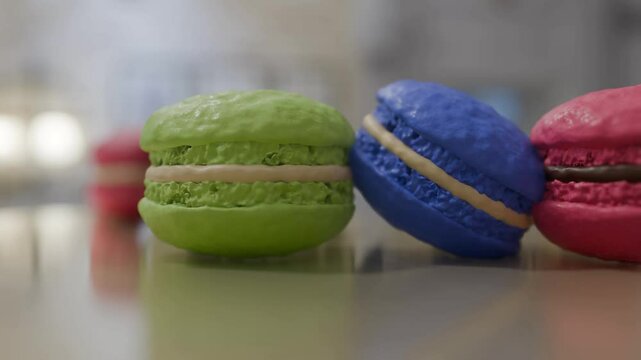 Trio of Macaron Delights: Close-Up on Green, Blue & Pink French Pastries, Gourmet Treats, Detailed View