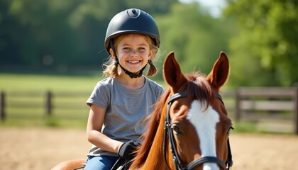 Joyful girl rides a horse in sunny equestrian arena. Smiling child wearing a helmet learns riding skills. Equestrian sport, horse training. Happy kid enjoys riding lesson, connection animal.