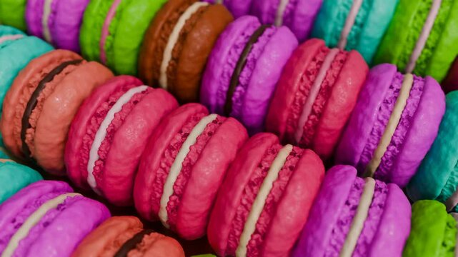 Exquisite Red Velvet and Purple Macaron Close-Up: Vibrant Pink French Pastry with Delicate White Filling, Gourmet Dessert Detail, Appetizing Treat