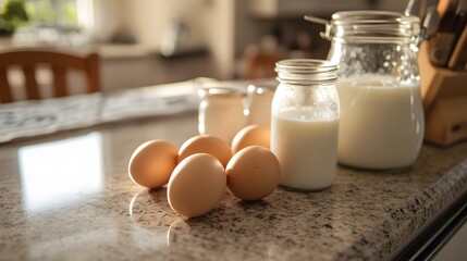 Still life of eggs and milk jars on a kitchen counter with sunlight streaming in the background