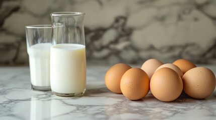 Still life composition featuring two glasses of milk and a cluster of brown eggs on a marble surface