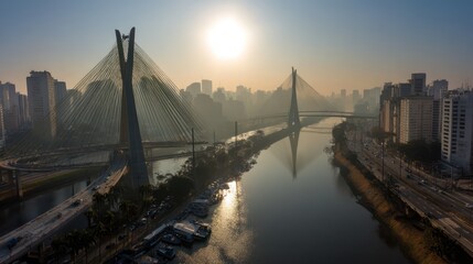 Fototapeta premium Cityscape Sunrise Over River and Bridges