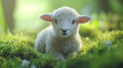 Obraz premium Adorable lamb in lush greenery on a serene morning