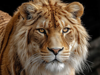 Obraz premium Close-up image of a mature male lion, centrally positioned against a blurred background, showcasing a neutral but assertive expression with open, focused eyes The lion has a coarse fur - AI-Generated