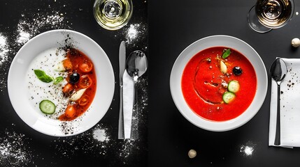 Gazpacho black and white table setting with a white bowl only the bright red gazpacho soup in striking color ideal for summer menu promotions