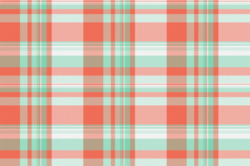 Vibrant plaid pattern in shades of coral, teal, and white. Seamless texture evokes warmth, comfort, and traditional style. Perfect for textiles, backgrounds, and designs.