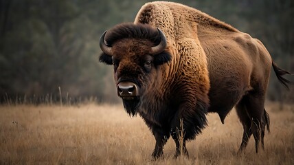 Majestic bison grazing freely in a golden meadow at dusk