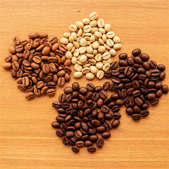Obraz premium Top view piles with coffee beans medium roast, light roast and dark roast on the wooden table.