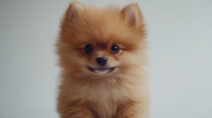 Cute fluffy pomeranian puppy with adorable expression on light background